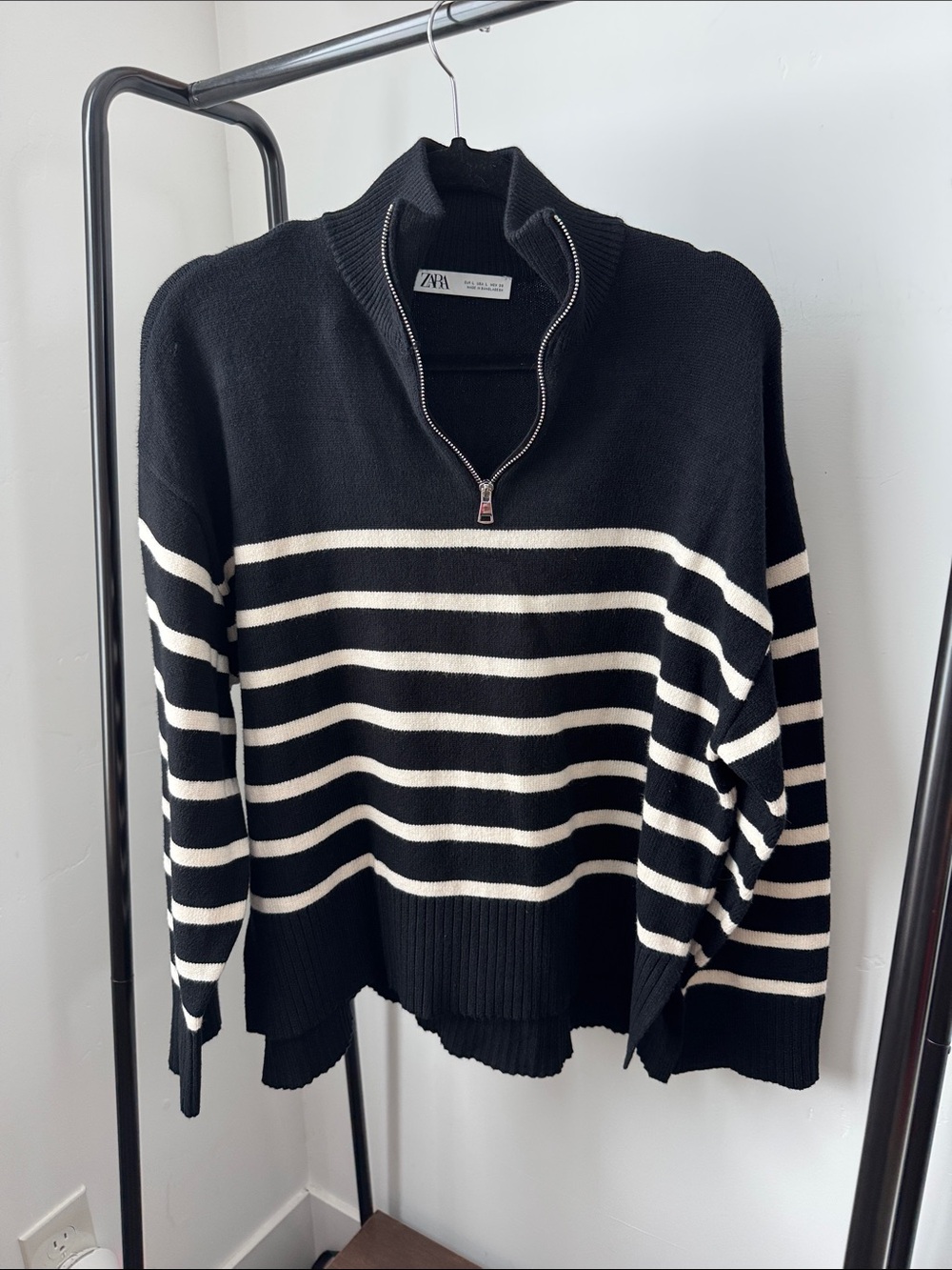 Zara Black & White Striped Half-Zip Turtleneck Sweater